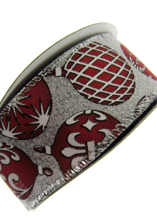 Wired Edge Red & White Christmas Baubles Ribbon on Silver or Gold 38mm - 46066