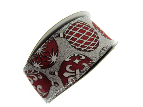 Wired Edge Red & White Christmas Baubles Ribbon on Silver or Gold 38mm - 46066