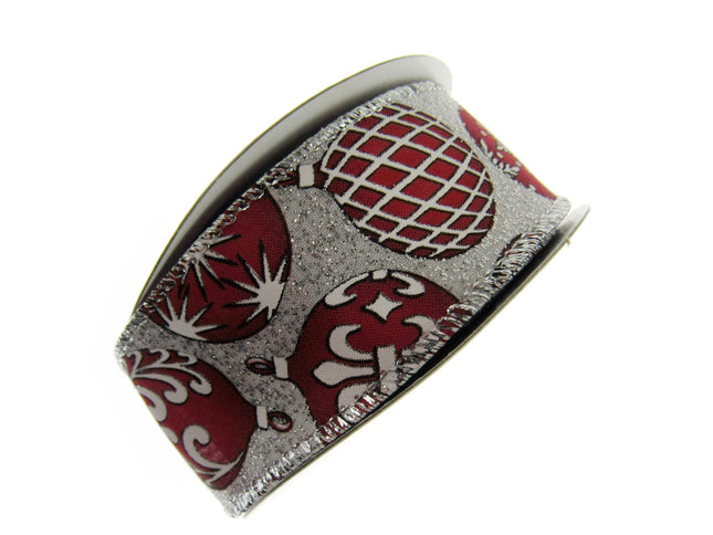 Wired Edge Red & White Christmas Baubles Ribbon on Silver or Gold 38mm - 46066