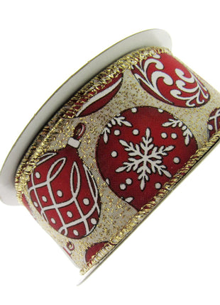 Wired Edge Red & White Christmas Baubles Ribbon on Silver or Gold 38mm - 46066