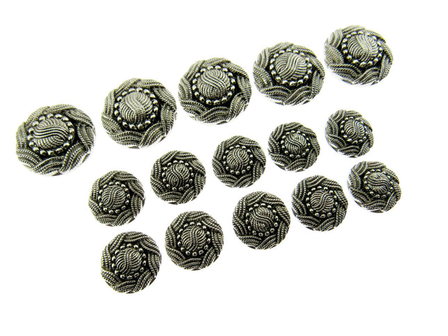 Button Set Round Antique Silver Swirly Buttons Plastic Turks Head Design
