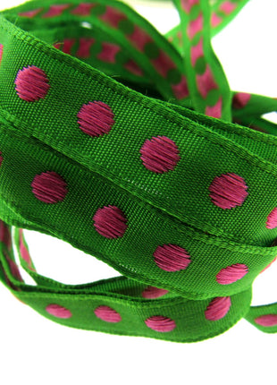 Bright Funky Narrow Ribbon with Woven Contrasting Spot - 10mm -5m or 20m Lengths - ThreadandTrimmings