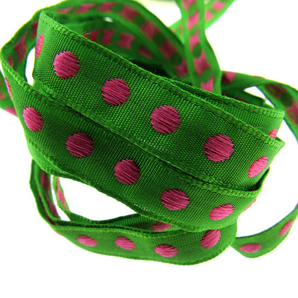 Bright Funky Narrow Ribbon with Woven Contrasting Spot - 10mm -5m or 20m Lengths - ThreadandTrimmings