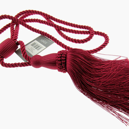 Red curtain tieback tassel with a tag on a white background