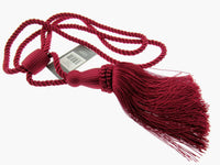 Red curtain tieback tassel with a tag on a white background