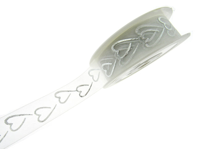 Heart Organza Ribbon with Printed Silver or Gold Heart - 3m Piece 15mm / 25mm - - ThreadandTrimmings