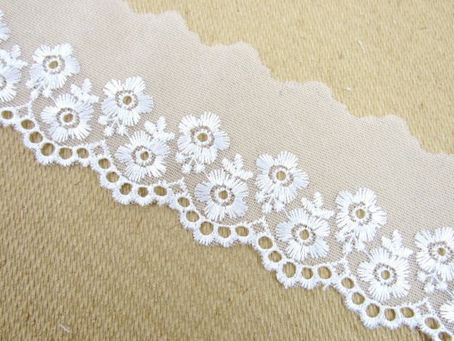 Scalloped Lace with Embroidered Flower 55mm Wide x 3m White, Ivory or Pink 2106 - ThreadandTrimmings