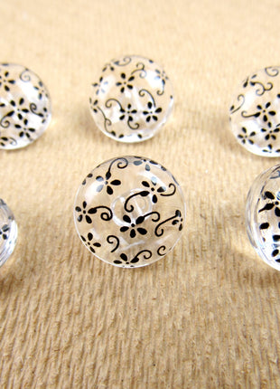 Clear Domed Buttons with Choice of Pretty Subtle Designs Black White 6pcs 15mm - ThreadandTrimmings