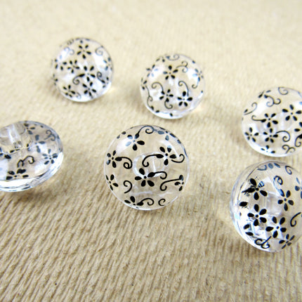 Clear Domed Buttons with Choice of Pretty Subtle Designs Black White 6pcs 15mm - ThreadandTrimmings