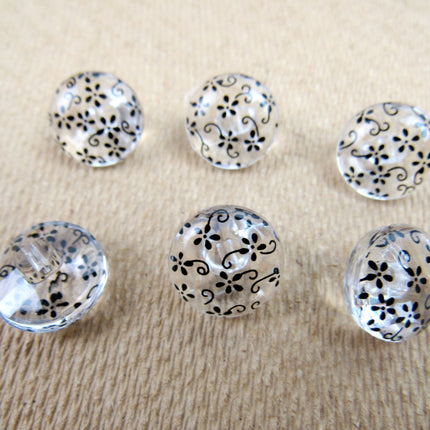 Clear Domed Buttons with Choice of Pretty Subtle Designs Black White 6pcs 15mm - ThreadandTrimmings