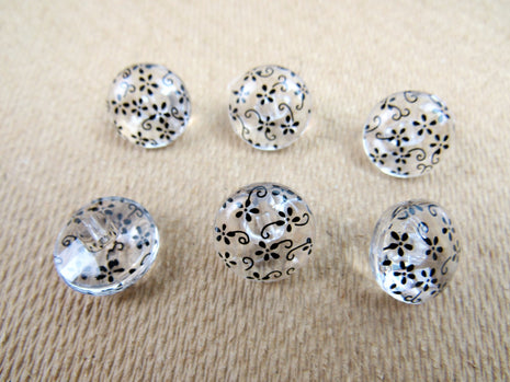Clear Domed Buttons with Choice of Pretty Subtle Designs Black White 6pcs 15mm - ThreadandTrimmings