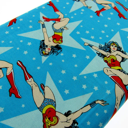 Blue Cotton Fabric with Wonder Woman Girl Power Theme 100% Cotton Fabric - ThreadandTrimmings