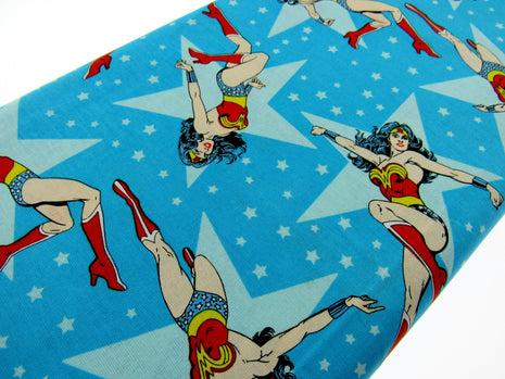 Blue Cotton Fabric with Wonder Woman Girl Power Theme 100% Cotton Fabric - ThreadandTrimmings