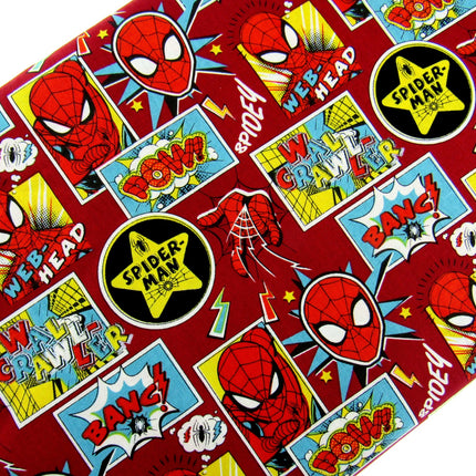 Dark Red Cotton Fabric with Spider Man Theme Does Whatever a Spider Can - ThreadandTrimmings