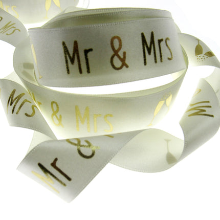 Ivory Satin Wedding Ribbon Mr & Mrs Champagne Glasses Berisfords 3 Meters 25mm - ThreadandTrimmings