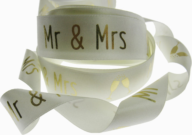 Ivory Satin Wedding Ribbon Mr & Mrs Champagne Glasses Berisfords 3 Meters 25mm - ThreadandTrimmings
