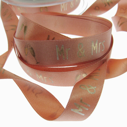 Peach Satin Wedding Ribbon Mr & Mrs Champagne Glasses Berisfords 3 Meters 15mm - ThreadandTrimmings