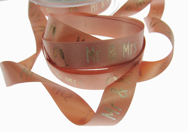 Peach Satin Wedding Ribbon Mr & Mrs Champagne Glasses Berisfords 3 Meters 15mm - ThreadandTrimmings