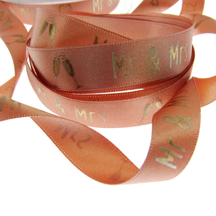 Peach Satin Wedding Ribbon Mr & Mrs Champagne Glasses Berisfords 3 Meters 15mm - ThreadandTrimmings