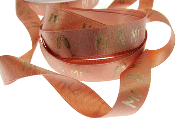 Peach Satin Wedding Ribbon Mr & Mrs Champagne Glasses Berisfords 3 Meters 15mm - ThreadandTrimmings