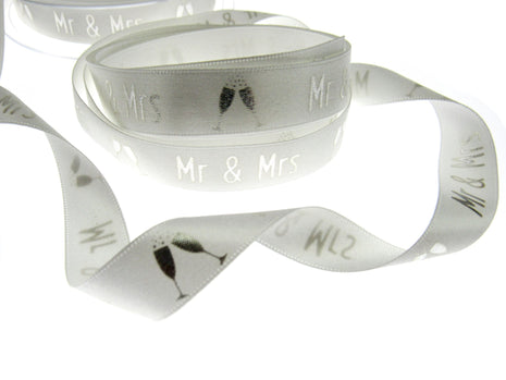 White Satin Wedding Ribbon Mr & Mrs Champagne Glasses Berisfords 3 Meters 15mm - ThreadandTrimmings