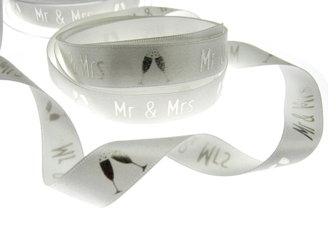 White Satin Wedding Ribbon Mr & Mrs Champagne Glasses Berisfords 3 Meters 15mm - ThreadandTrimmings