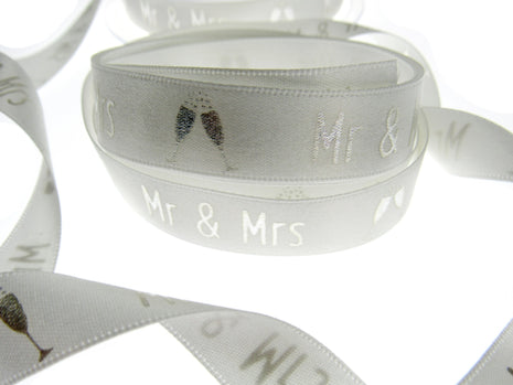 White Satin Wedding Ribbon Mr & Mrs Champagne Glasses Berisfords 3 Meters 15mm - ThreadandTrimmings
