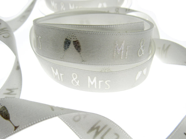 White Satin Wedding Ribbon Mr & Mrs Champagne Glasses Berisfords 3 Meters 15mm - ThreadandTrimmings