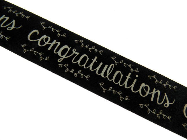 Black Satin Congratulations Ribbon 25mm x 3m – Berisfords Laurel Vine Edge