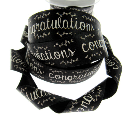 Black Satin Congratulations Ribbon 25mm x 3m – Berisfords Laurel Vine Edge
