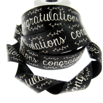 Black Satin Congratulations Ribbon 25mm x 3m – Berisfords Laurel Vine Edge