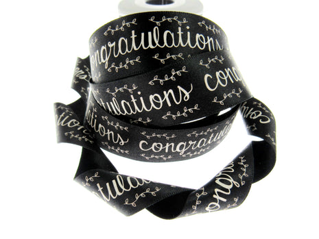 Black Satin Congratulations Ribbon 25mm x 3m – Berisfords Laurel Vine Edge