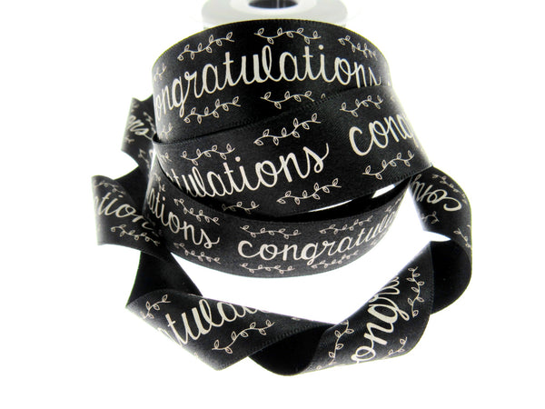 Black Satin Congratulations Ribbon 25mm x 3m – Berisfords Laurel Vine Edge
