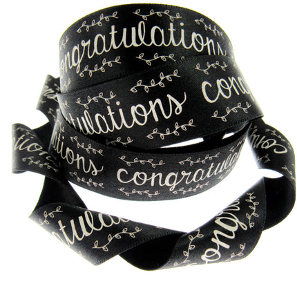 Black Satin Congratulations Ribbon 25mm x 3m – Berisfords Laurel Vine Edge