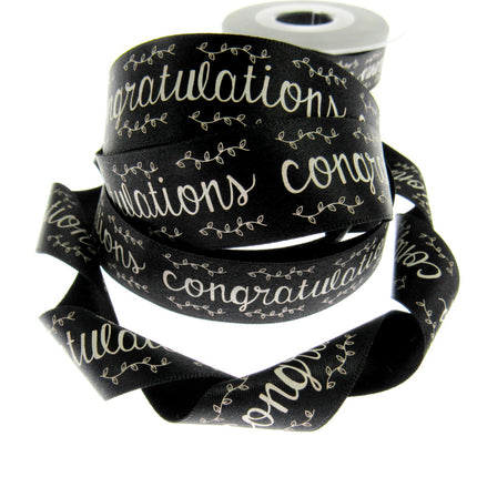 Black Satin Congratulations Ribbon 25mm x 3m – Berisfords Laurel Vine Edge