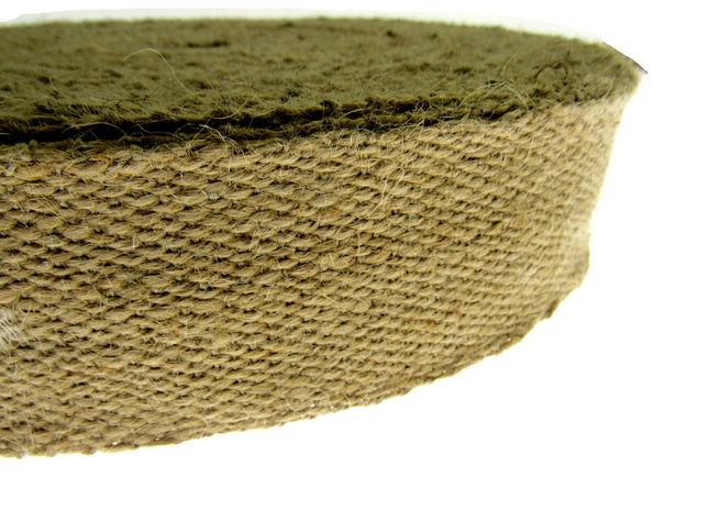 Close-up of a roll of beige hessian upholstery webbing on a white background