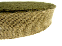 Close-up of a roll of beige hessian upholstery webbing on a white background