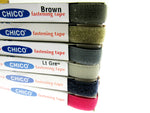 Stack of CHICO fastening tape packages in various colors on a white background