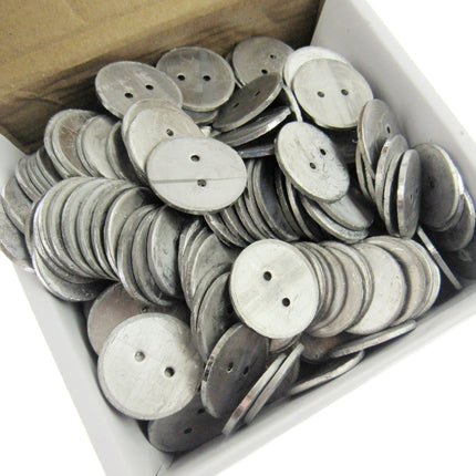 Box of lead penny curtain weights with a white background