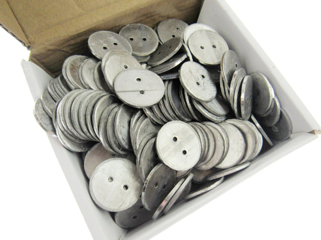 Heavy curtain lead pennyweights sew in hem weights in 25mm round 32mm round and white coated oblong styles layout, Heavy duty lead weights with 2 sewing holes for curtain hems and corners close up, Multi pack options of drapery weights for straight fabric drape