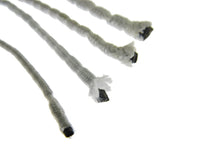 Close-up of multiple curtain lead weight tapes covered in white polyester tape on a white background