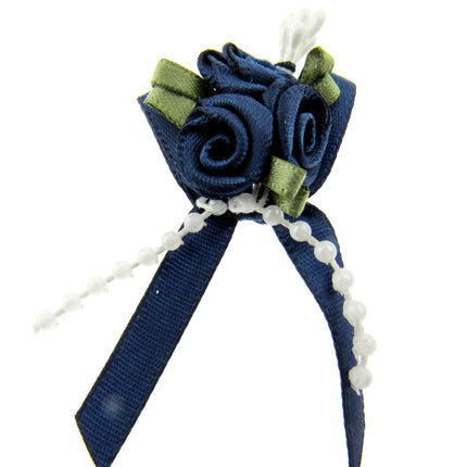 Rose Cluster Ribbon Bows with Green Leaves, Pearl String Beads & Stamens 53413GL