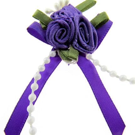 Rose Cluster Ribbon Bows with Green Leaves, Pearl String Beads & Stamens 53413GL