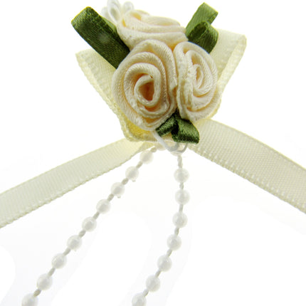 Rose Cluster Ribbon Bows with Green Leaves, Pearl String Beads & Stamens 53413GL