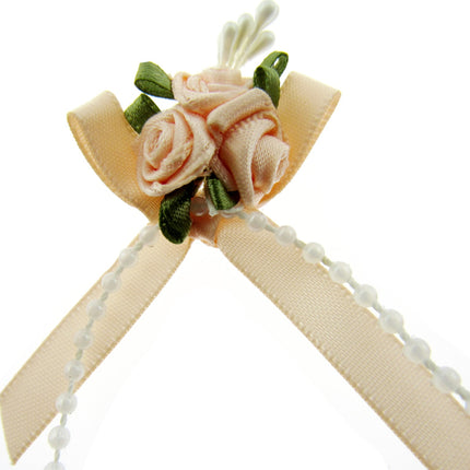 Rose Cluster Ribbon Bows with Green Leaves, Pearl String Beads & Stamens 53413GL