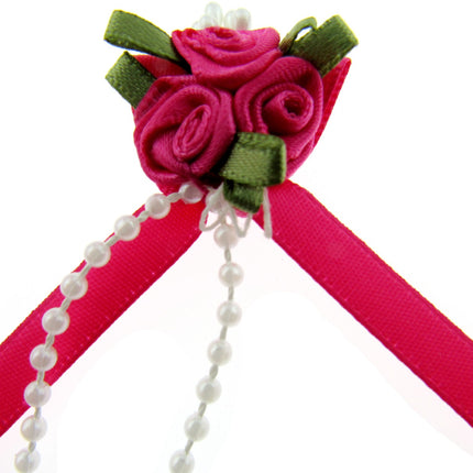 Rose Cluster Ribbon Bows with Green Leaves, Pearl String Beads & Stamens 53413GL
