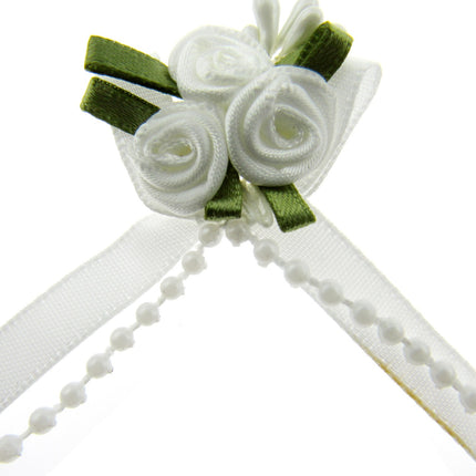 Rose Cluster Ribbon Bows with Green Leaves, Pearl String Beads & Stamens 53413GL