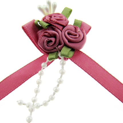 Rose Cluster Ribbon Bows with Green Leaves, Pearl String Beads & Stamens 53413GL