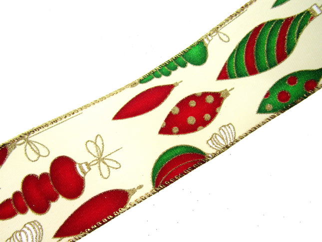 Wired Christmas Ribbon with Gold Sparkly Glittered Baubles - 2 Widths x2m- 46056 - ThreadandTrimmings