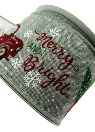 Wired Edge Christmas Jute Ribbon - Ice Grey - Xmas Tree Delivery Truck 63mm Wide